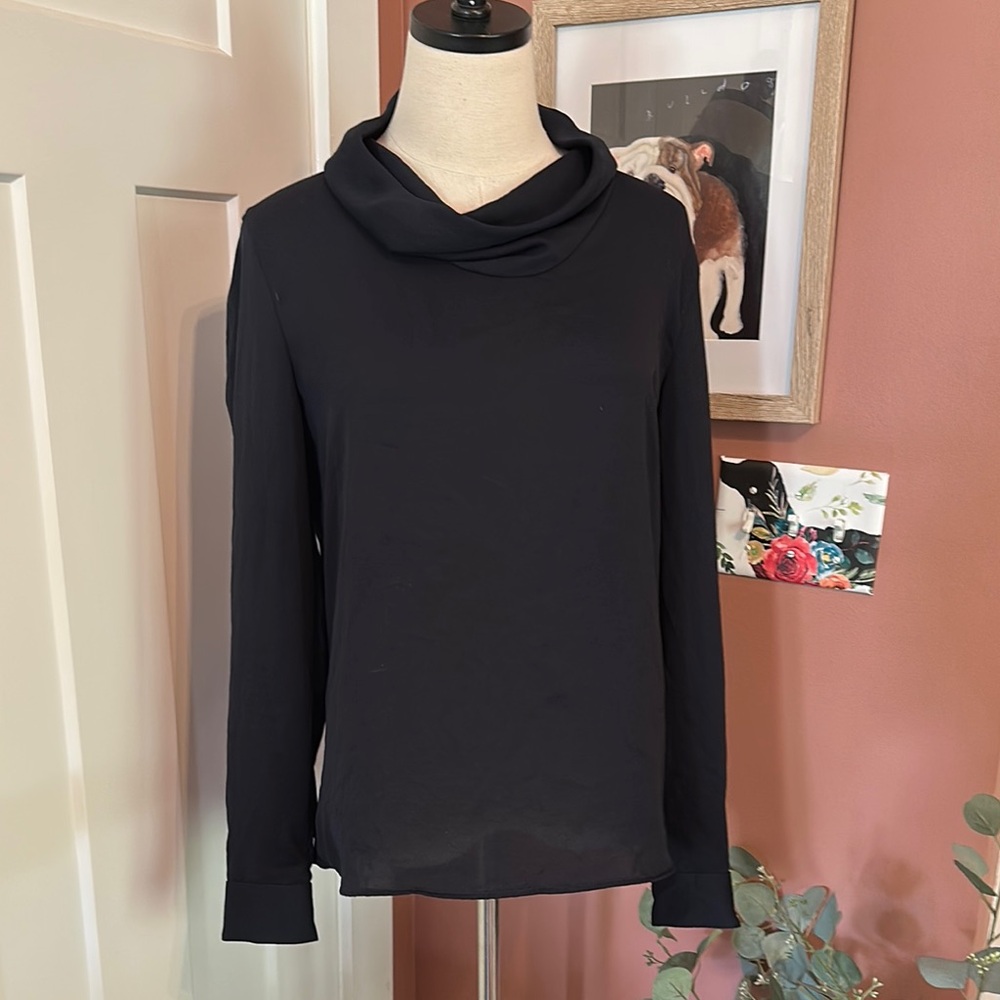 Marc Cain Additions Germany navy blue button cuff cowl neck 8 sheer flowy blouse